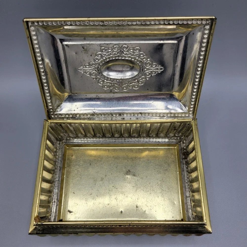 Vtg Footed Tea Tin Box Pink Faux Marble Jewelry Trinket Box Shelf Decor AS IS